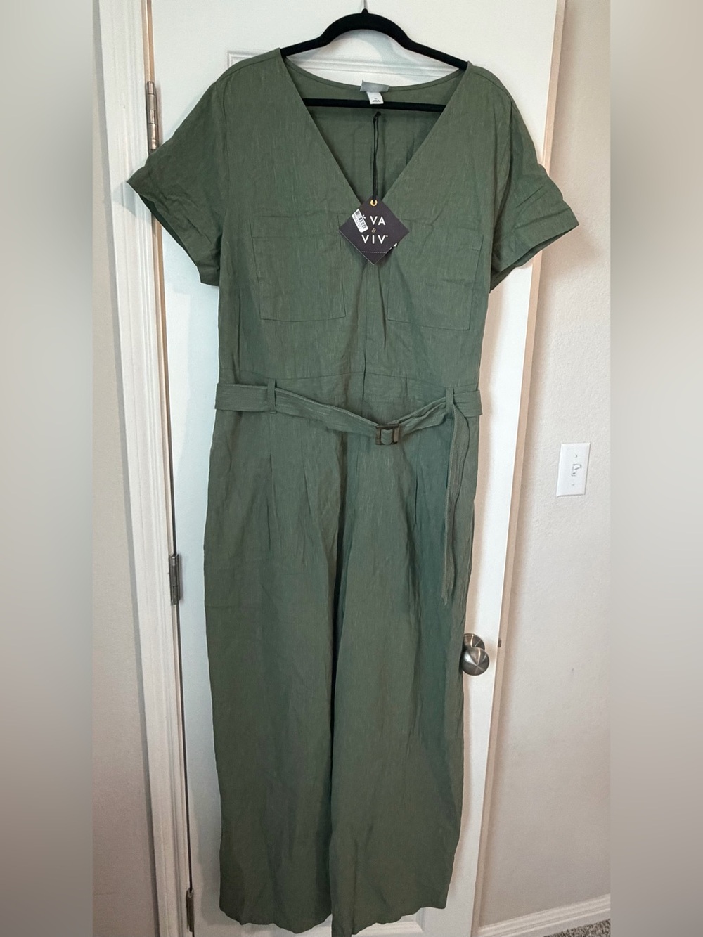 AVA & VIV Olive Green Linen Blend Belted Jumpsuit, 1X
